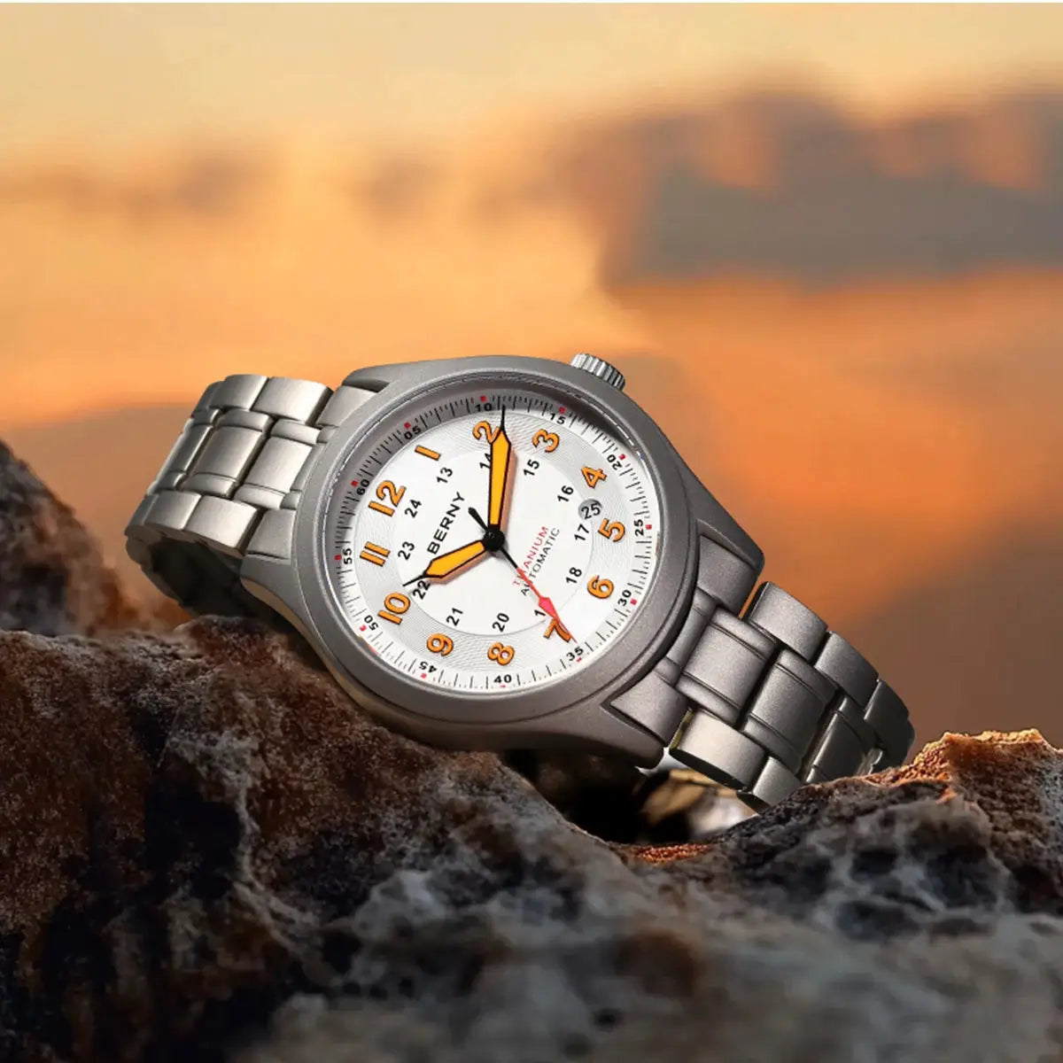 BERNY titanium automatic men's watch with white dial, orange numerals and hands, metal bracelet