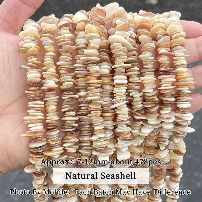 Natural seashell bead strands, irregular flat chips in beige cream tones, 7–12mm, ~478 pcs, Simples Market