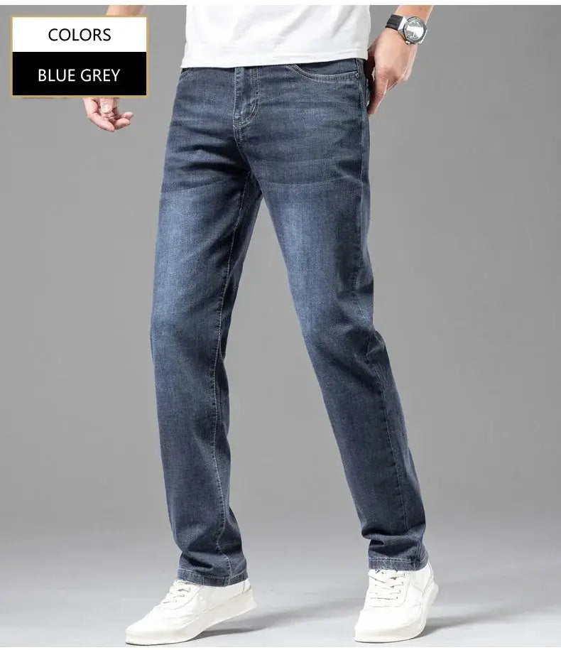 Men's blue-gray denim jeans, straight-fit casual pants.