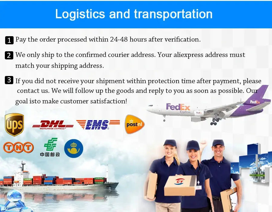 Logistics and transportation collage with FedEx plane, courier logos, ships, and delivery crew.