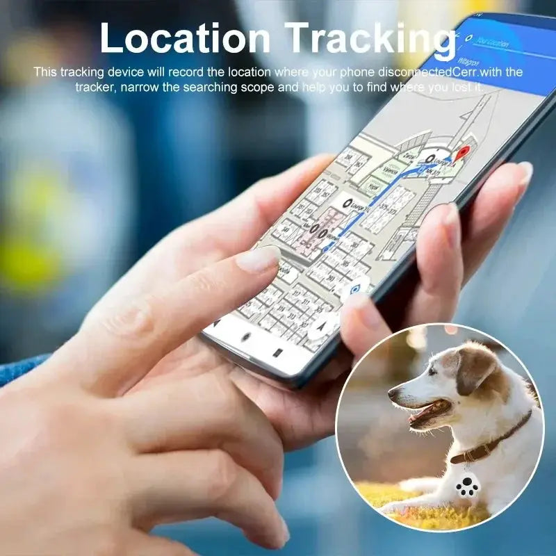 Mini pet GPS tracker for dogs and cats; smartphone map displays location with pet photo overlay