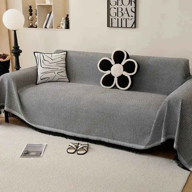 Sofa towel throw cover in gray checkered wind-cotton yarn by Simples Market for full-coverage sofa blanket