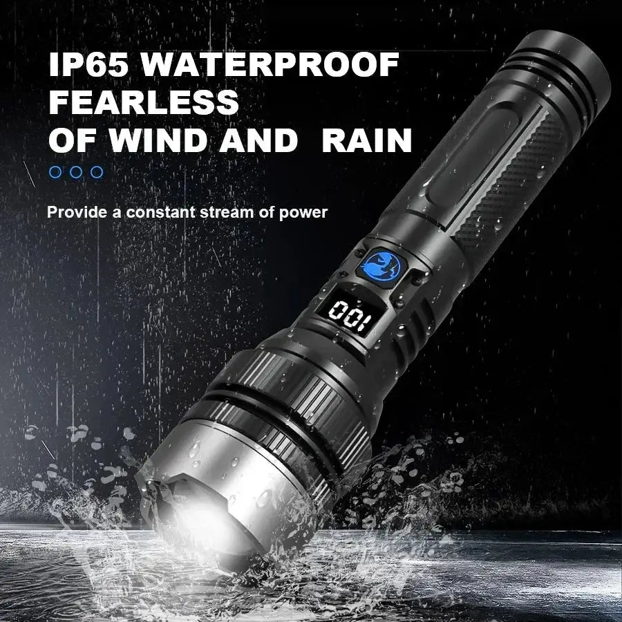 Tactical flashlight, black 100000LM LED torch with digital display, rechargeable, IP65 waterproof.