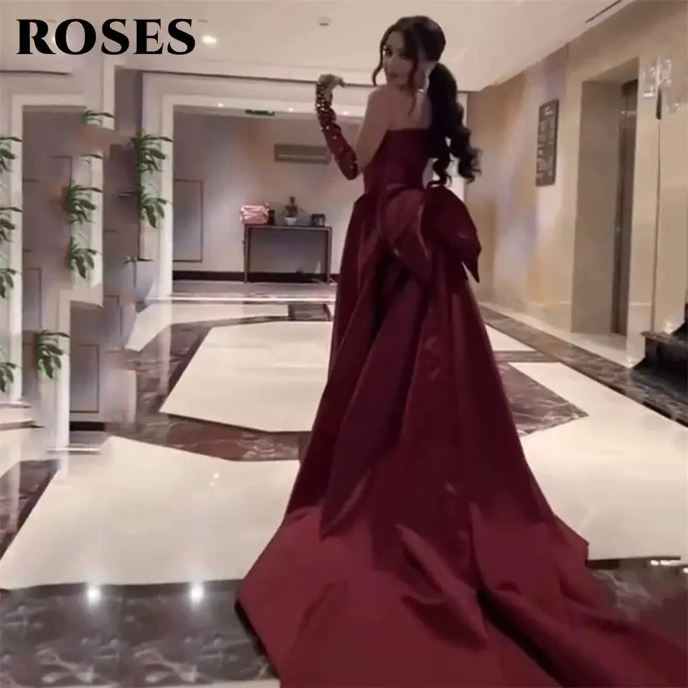 Roses Burgundy Mermaid Prom Dress One Shoulder Beading Bow Sleeve