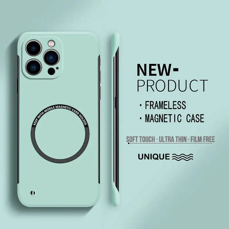 Magnetic frameless iPhone case in mint green by Simples Market with back circular magnet ring holder.