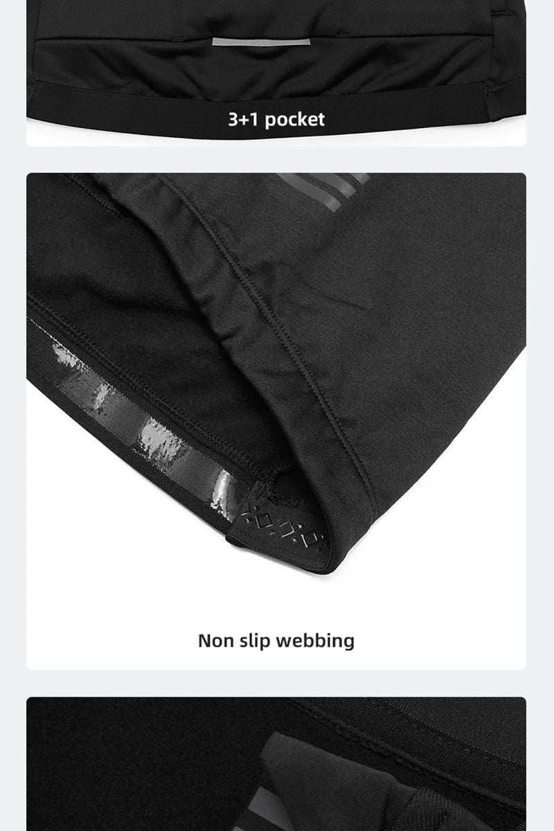 YKYWBIKE men's black cycling jacket with long sleeves, thermal fleece lining, 3+1 pocket and non-slip webbing