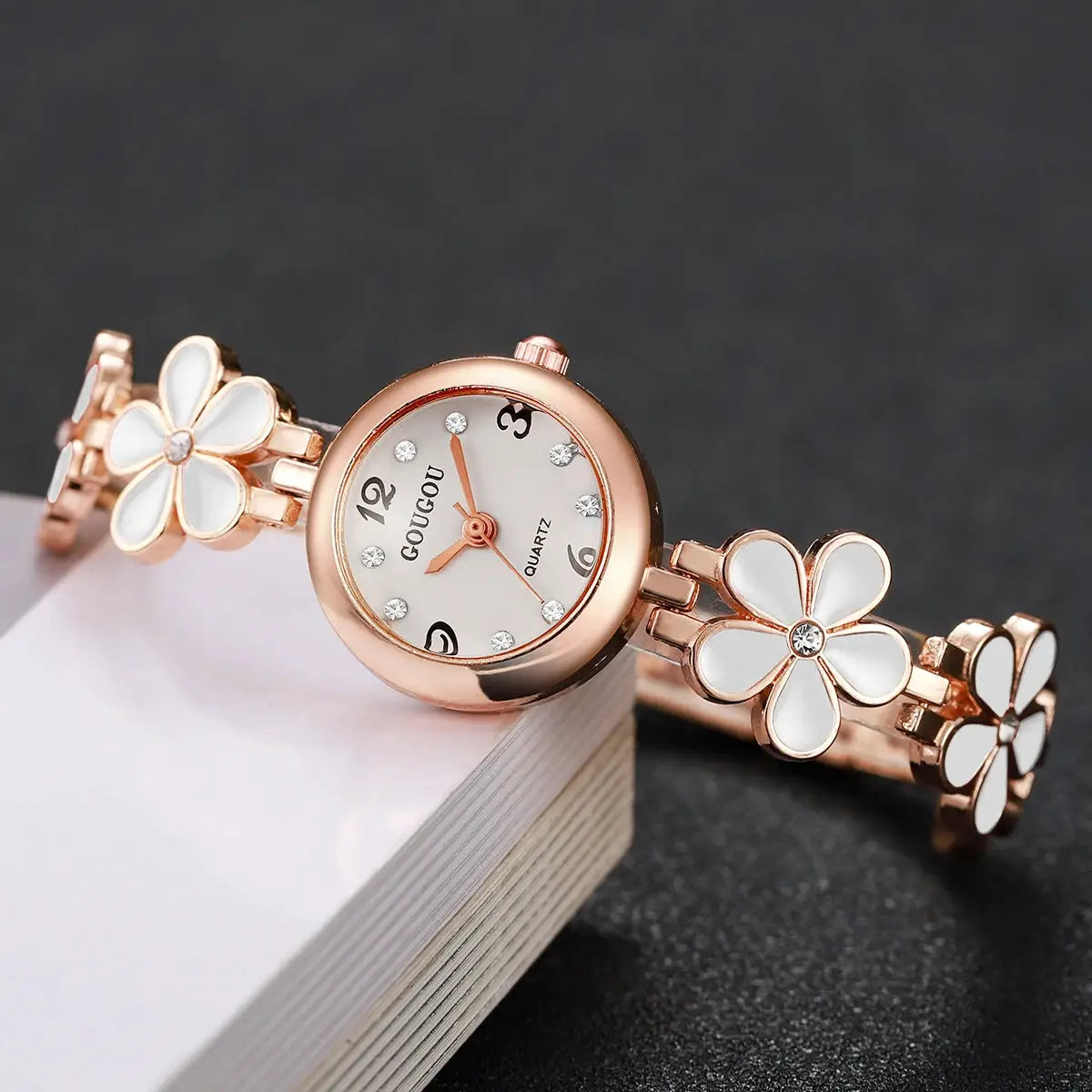 Simples Market rose-gold flower bracelet watch for women with white dial, crystal markers and quartz movement