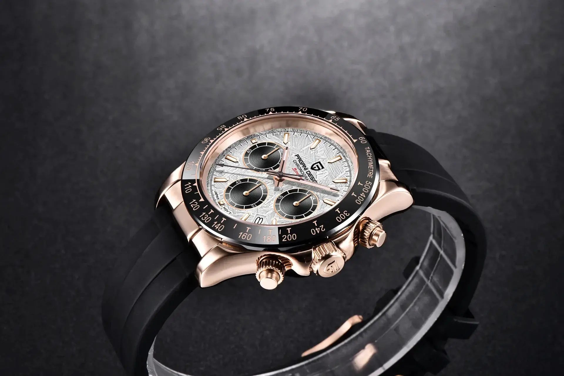 PAGANI DESIGN men's chronograph watch with rose-gold stainless steel case, black strap, silver textured dial