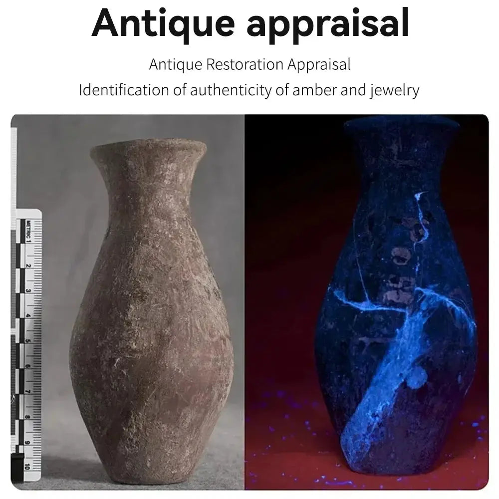 Simples Market 395nm UV flashlight, black with clip, demonstrated on an antique vase under blacklight