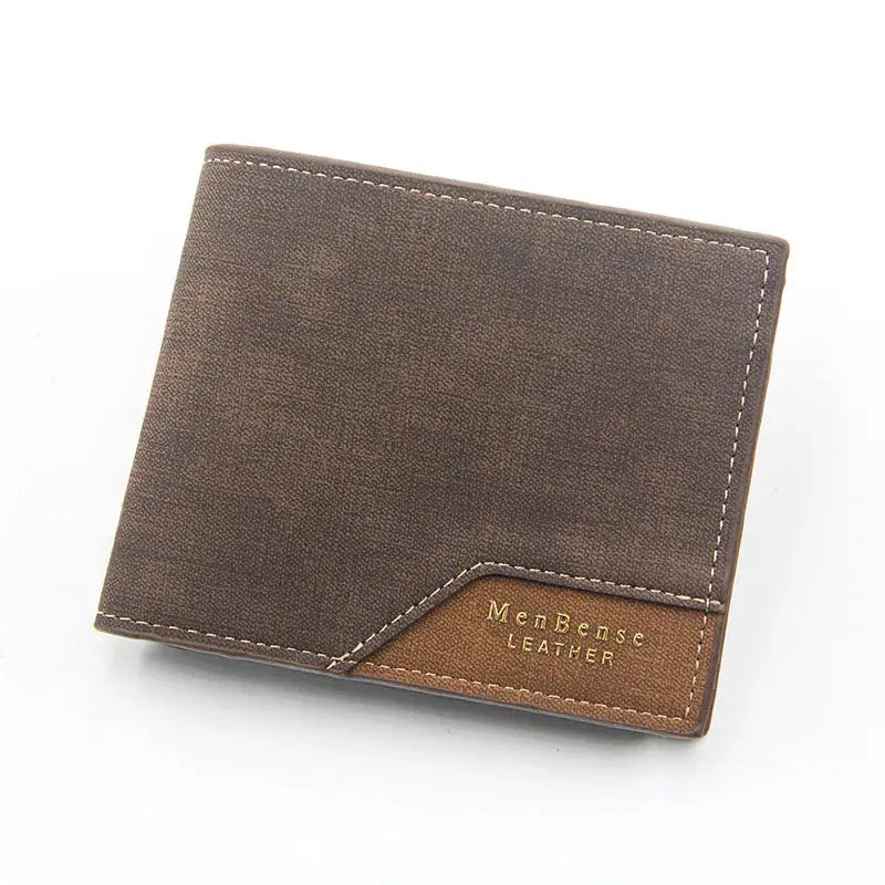 Men's brown frosted leather wallet with slim profile, white stitching, and gold MenBense Leather logo patch