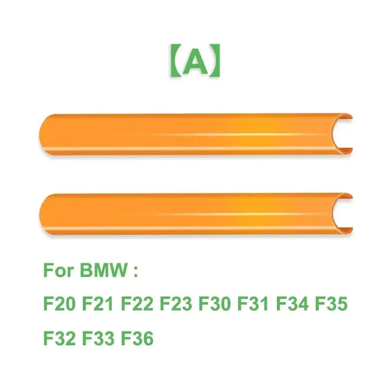2pcs orange BMW front grille trim strips for F20–F36, V-brace M Sport bar decoration.