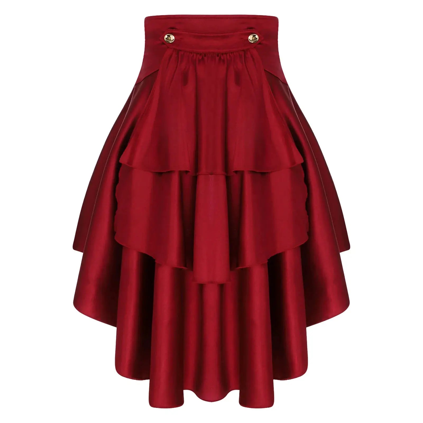 Womens red satin Gothic steampunk pirate skirt with tiered ruffles and irregular hem
