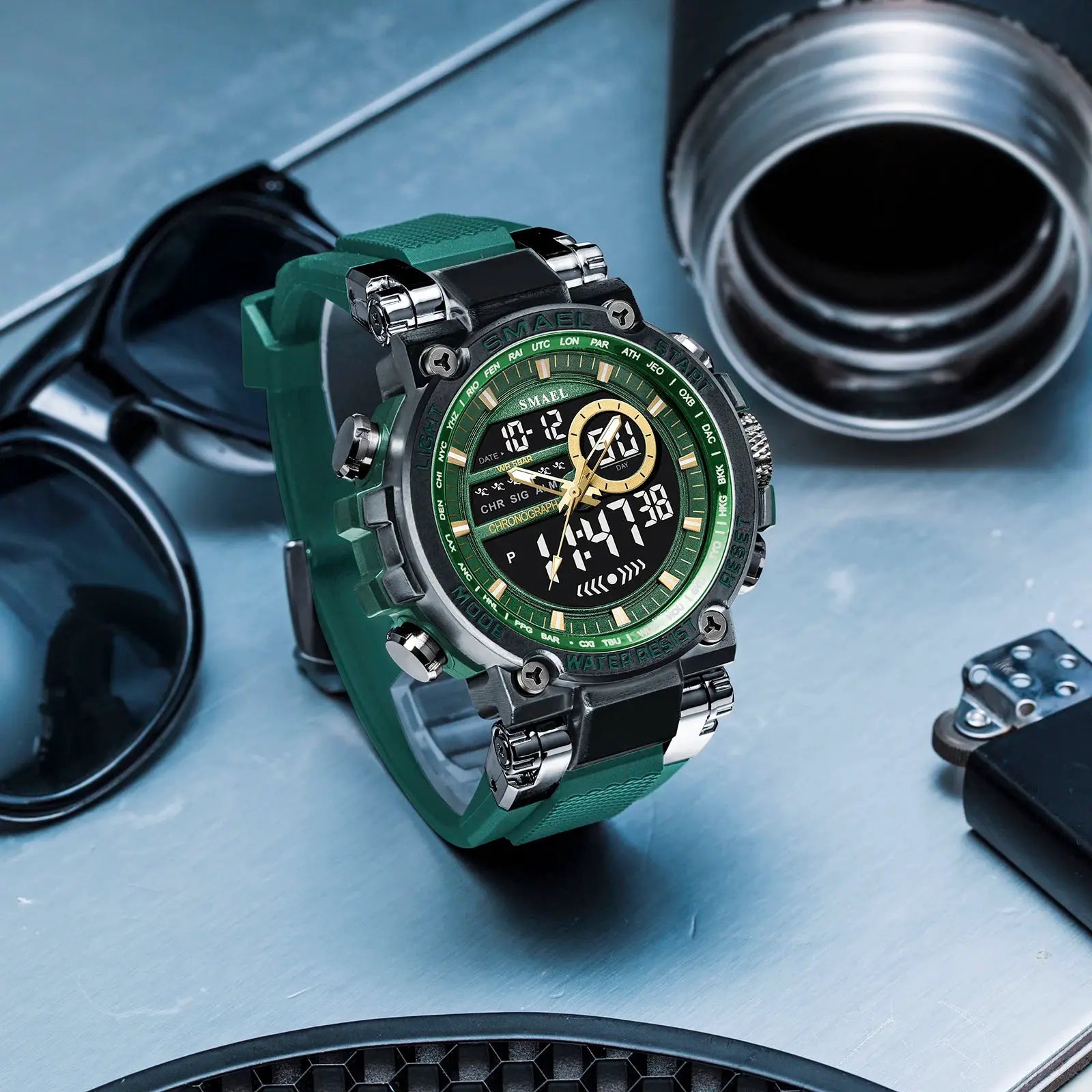 SMAEL 8141 men's digital sport watch with green TPU strap and alloy case