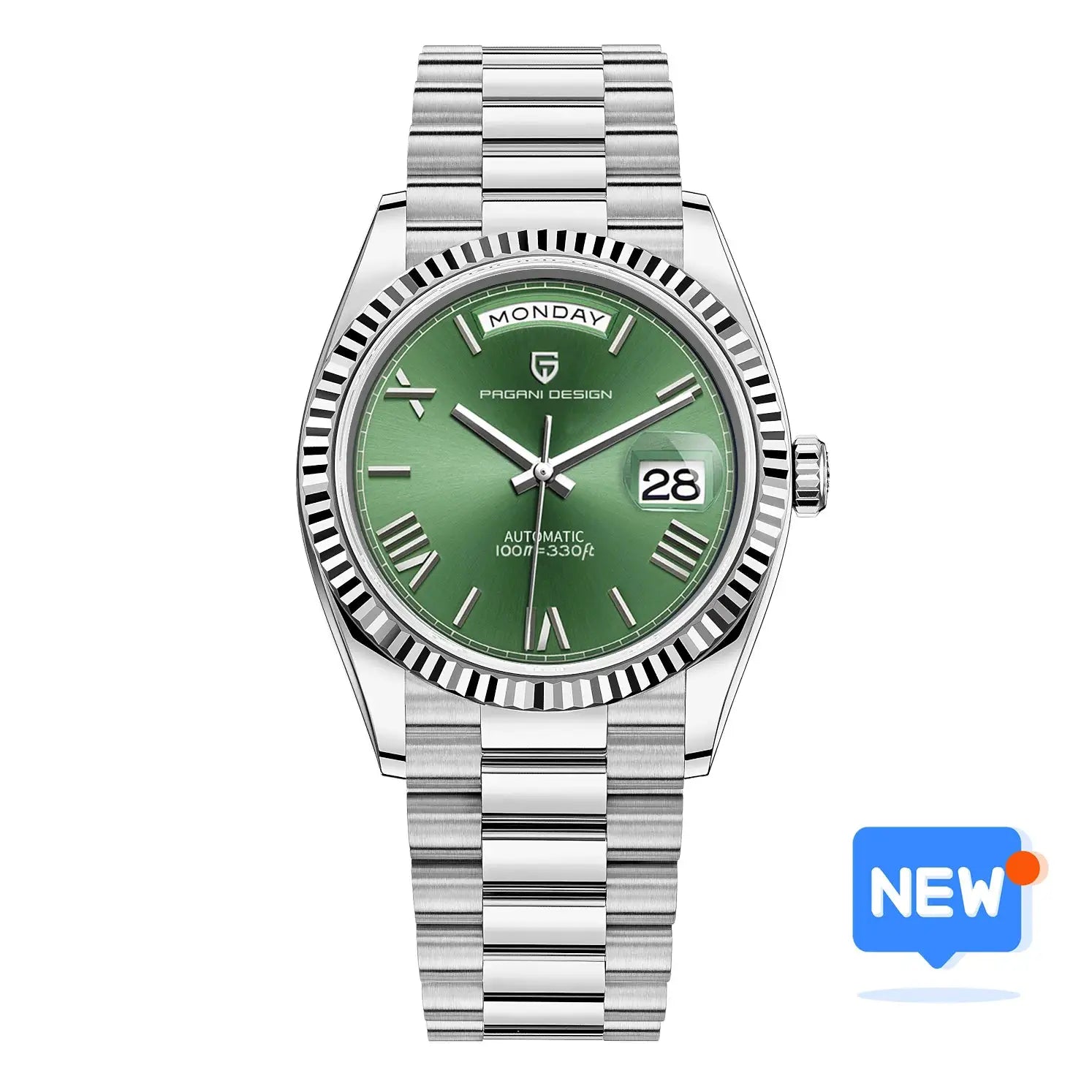 PAGANI DESIGN DD36 men's stainless steel automatic watch with green dial and day-date display