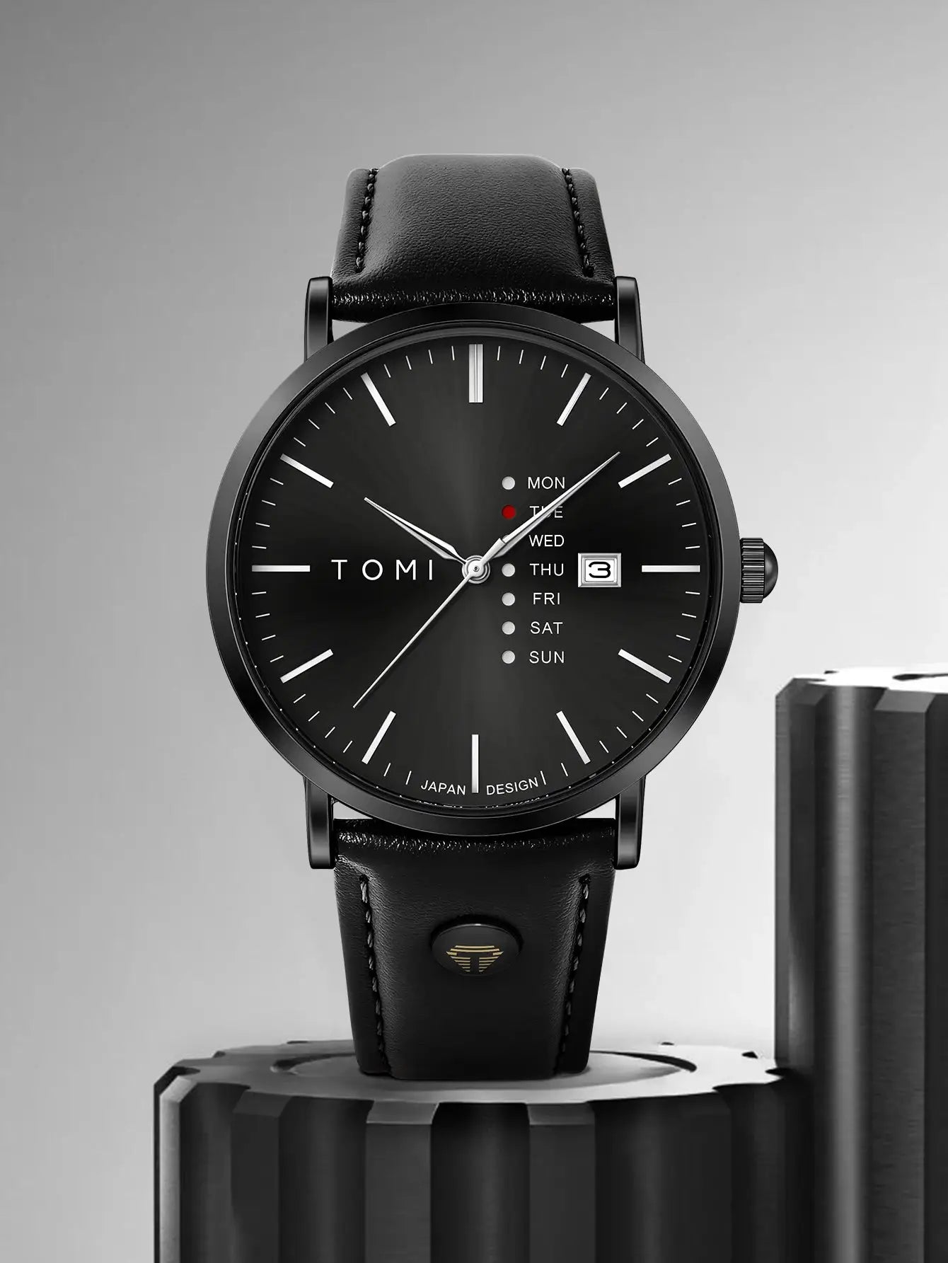TOMI Trendy men's watch with black dial, leather strap, weekday calendar, quartz movement