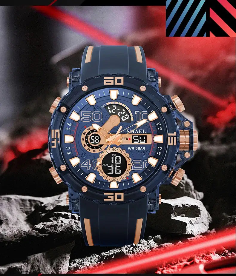 Men's SMAEL military-style sports watch, blue case with rose-gold accents, 50M waterproof, LED light, analog-digital.