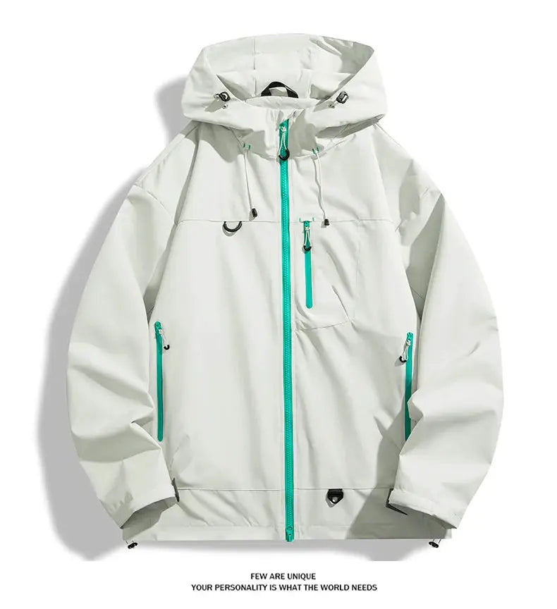 LNGXO waterproof hiking jacket by Simples Market, light gray with teal zippers, unisex outdoor windbreaker.