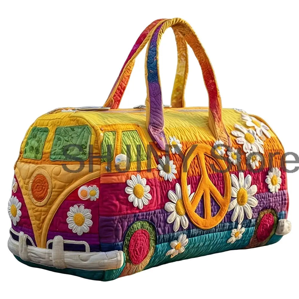 Quilted duffle bag in rainbow camper trailer design with daisies and peace sign by Simples Market