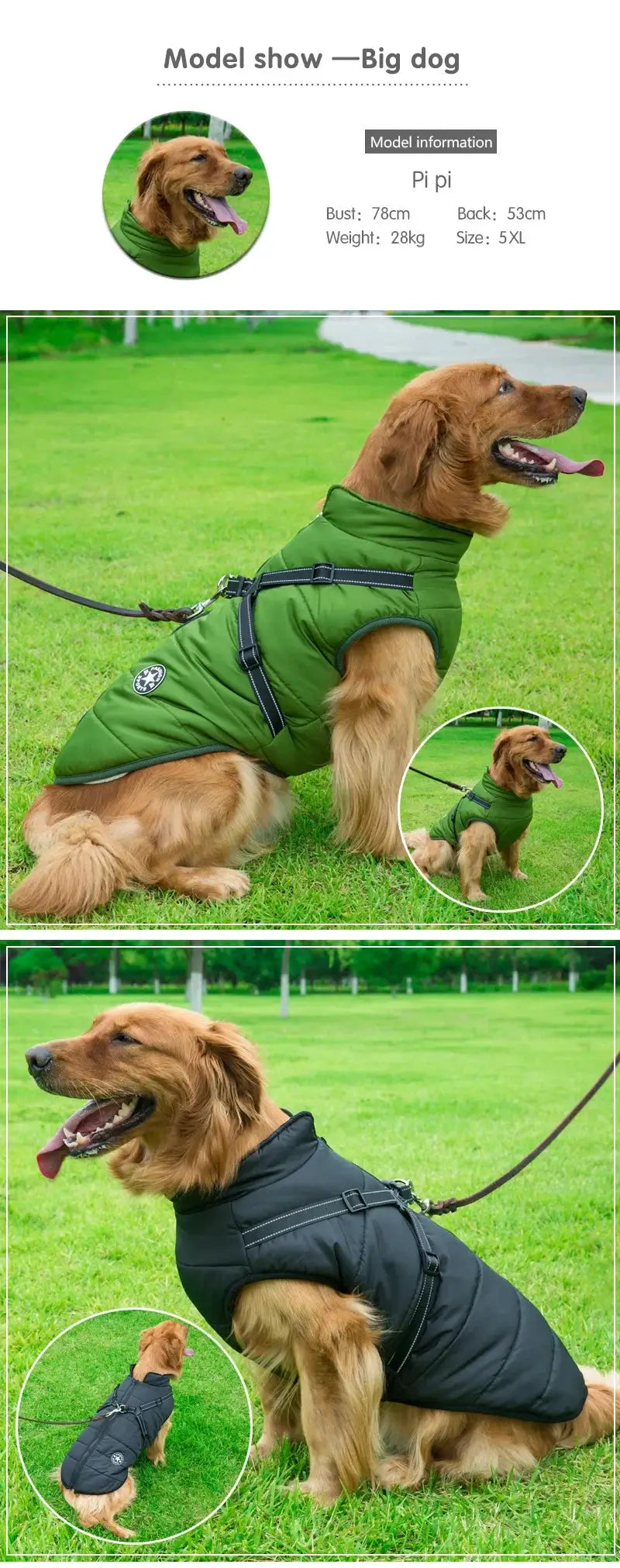 Dog jacket with harness by Simples Market, green waterproof winter coat for large breeds