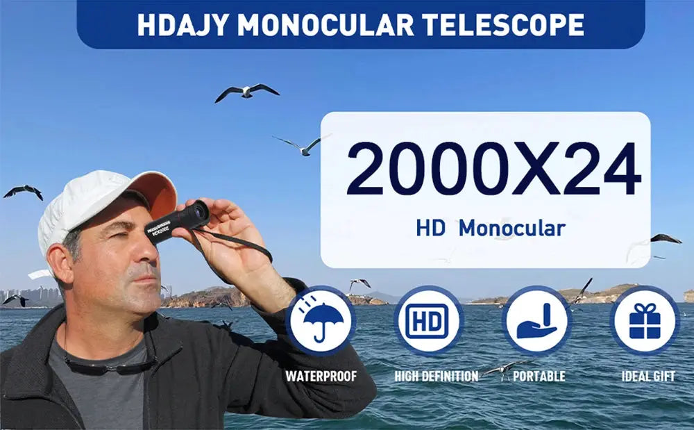 Monocular Telescope 2000X24 HD with phone adapter; waterproof outdoor viewing by the sea.