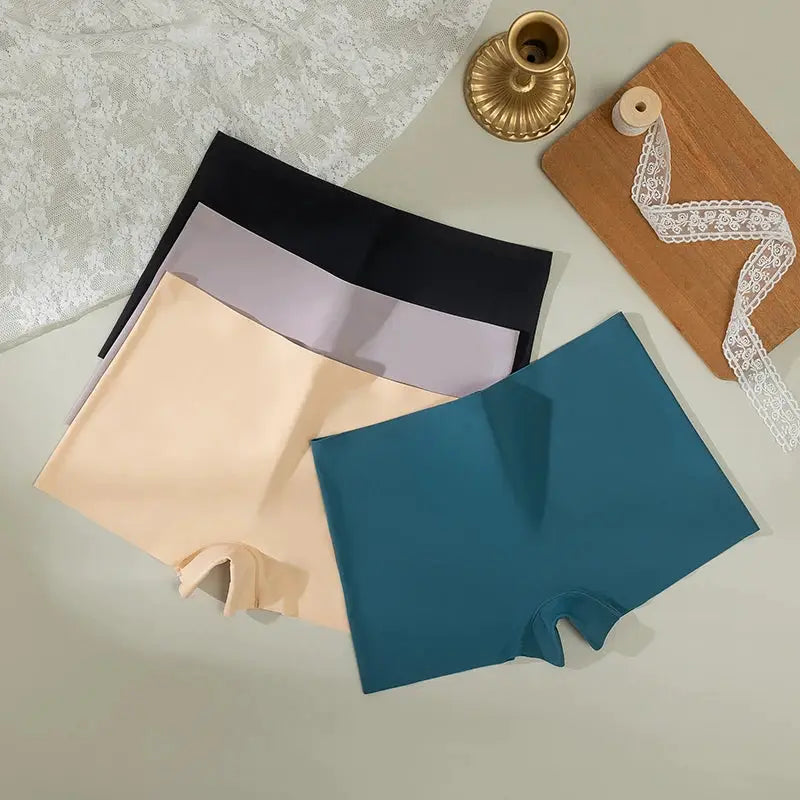 BZEL 4-pack women's seamless satin boyshorts in black, lavender, beige, and teal