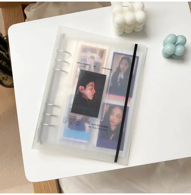 Yoofun A5 binder with transparent cover, six-ring spine, and elastic strap for card/photo sleeves