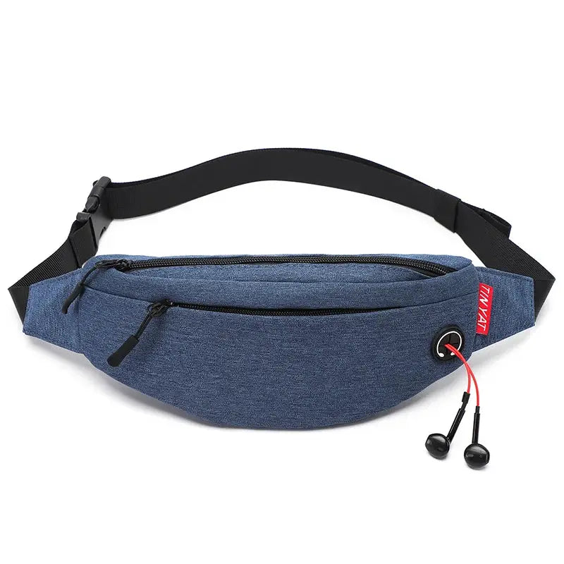 TINYAT blue denim waist bag fanny pack with two zip pockets and adjustable black strap; brand tag visible.