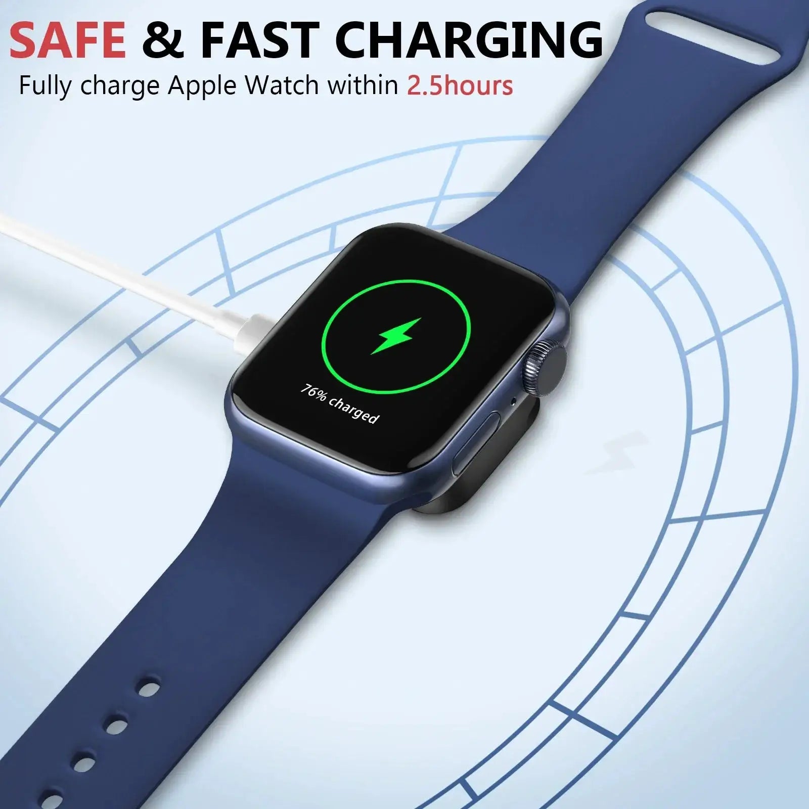 Portable wireless Apple Watch charger with blue strap, displaying 76% charged