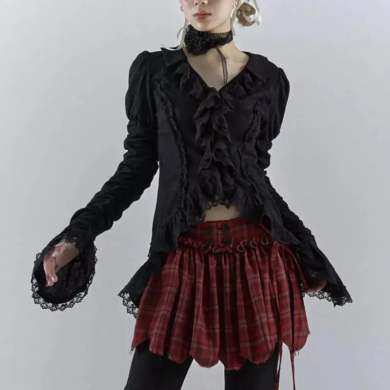 Karrcat Gothic Black Lace Shirt with ruffled V-neck and long lace-trimmed sleeves