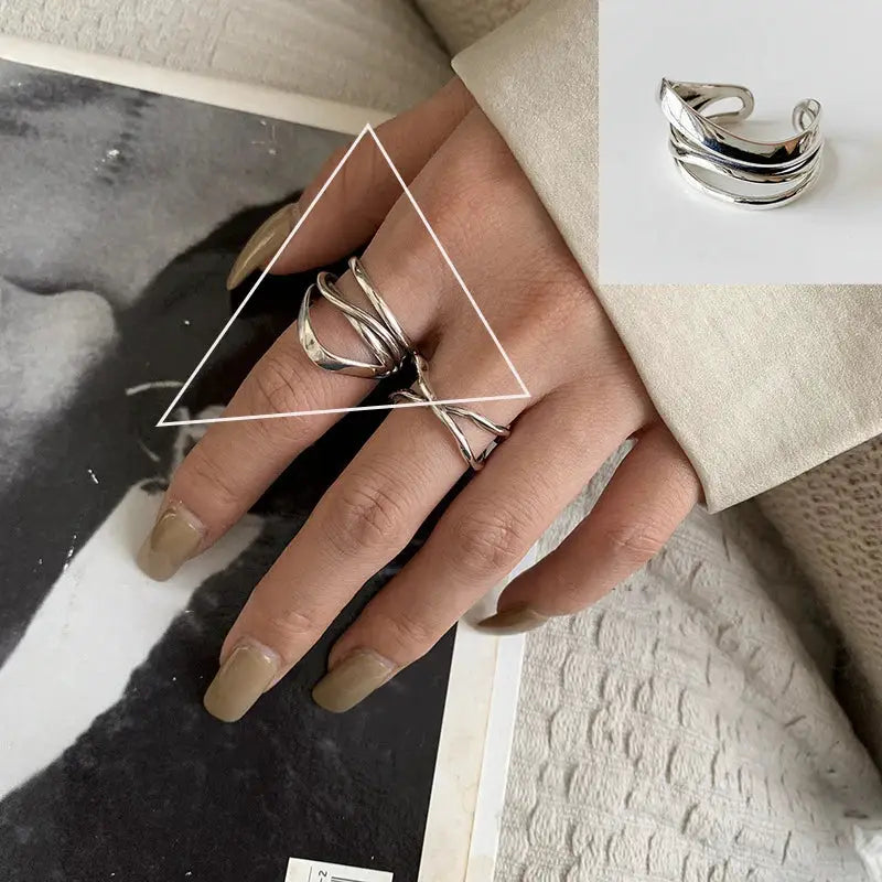 Ventfille 925 Sterling Silver Rings Fashion Hip Hop Vintage Couples Hollow Lines Punk Silver Party Adjustable Jewelry