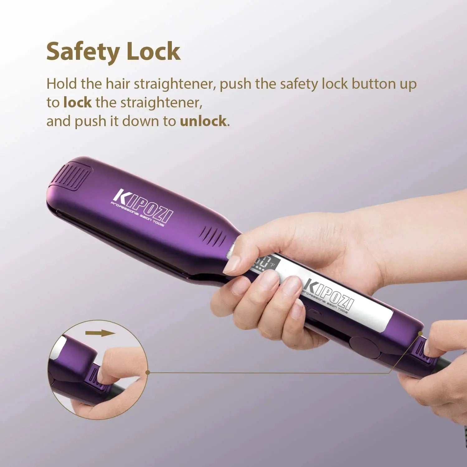 KIPOZI professional titanium flat iron hair straightener with digital LCD display, purple, dual voltage