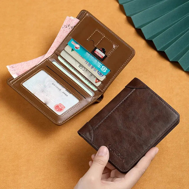 Brown PU leather RFID wallet for men, slim vertical design with multiple card slots and ID window.