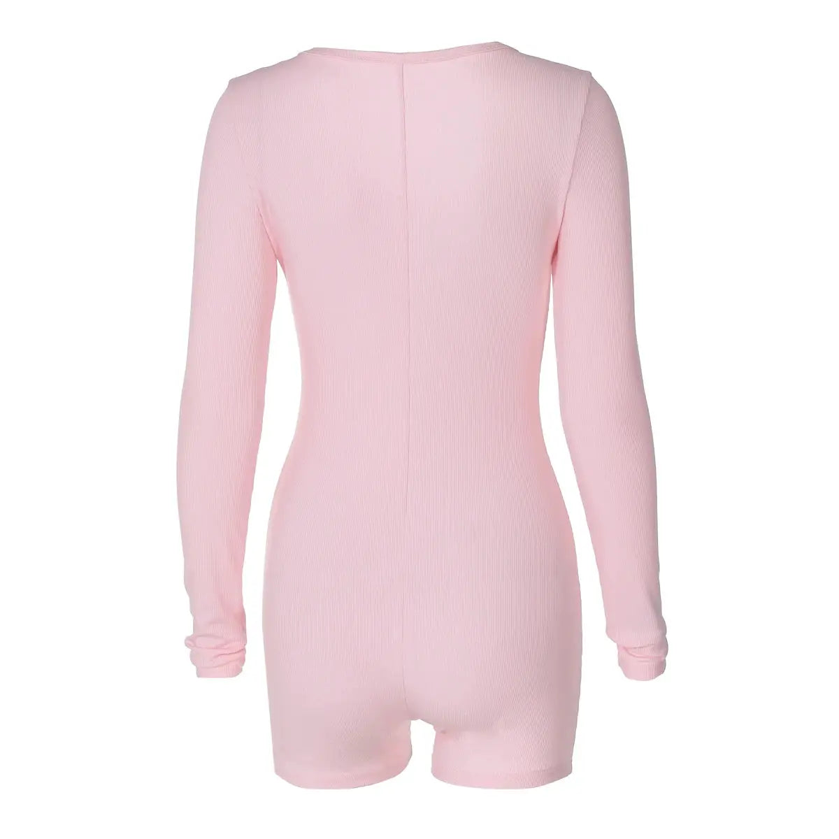 Hugcitar pink ribbed long-sleeve playsuit, bodycon romper style, back view.