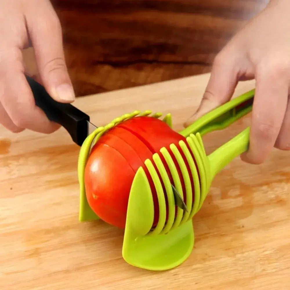 SwiftSlice Stainless Steel Handheld Fruit And Vegetable Slicer For Precise Uniform Slices Of Tomatoes Lemons And Onions
