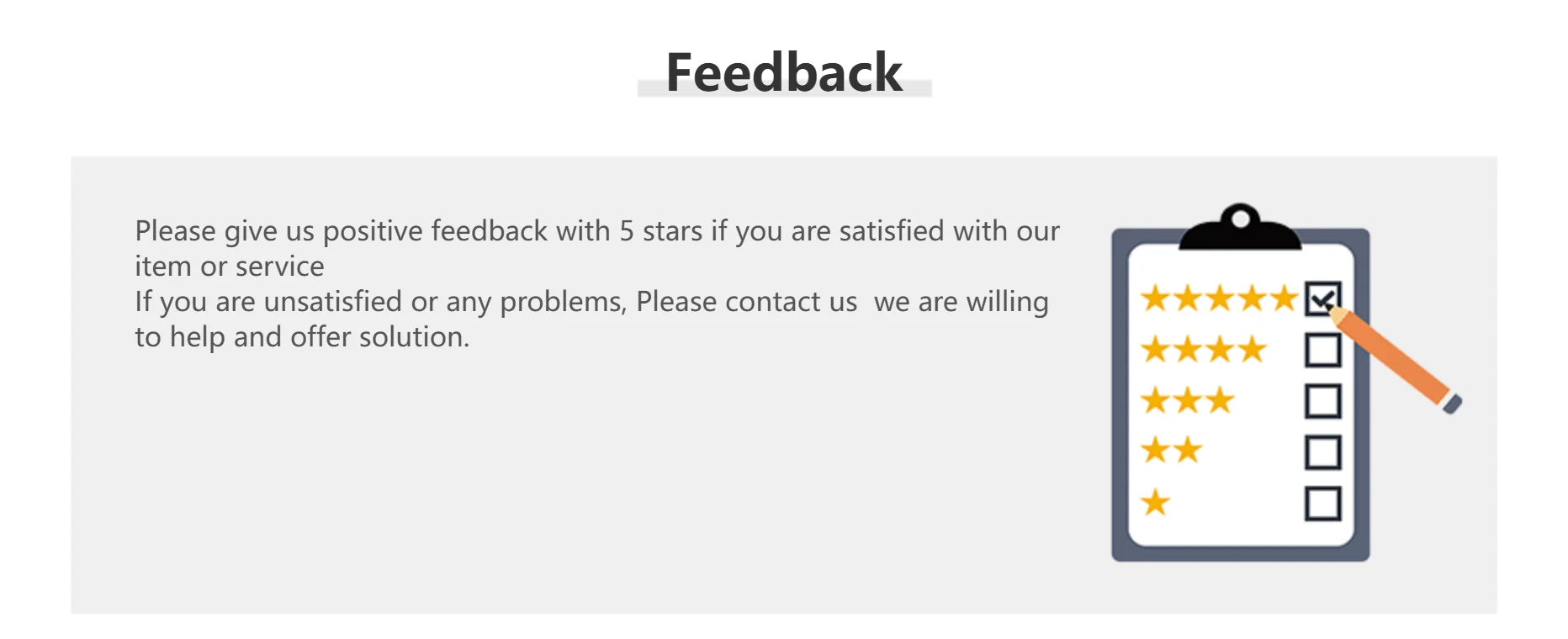 Feedback panel with gray background, text requesting five-star feedback, and a clipboard with star-rating icons and a pencil.