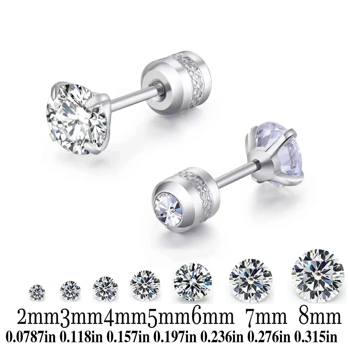 Titanium Steel Stud Earrings For Men And Women Screw Back CZ Zircon Round Four Color Silver Black Rose Gold Golden Gift