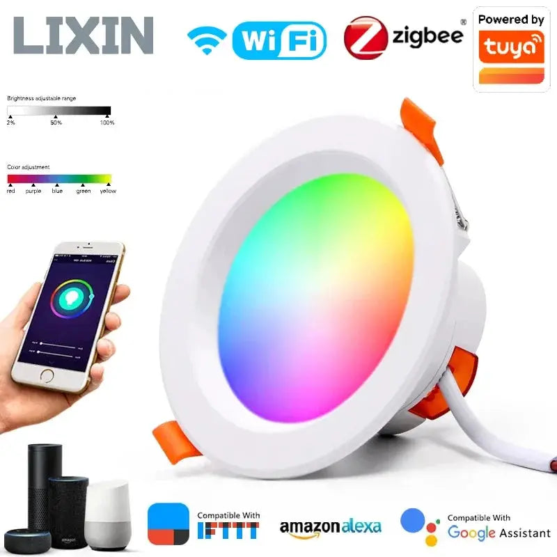 LIXIN WiFi Zigbee RGB LED downlight spotlight, dimmable color-changing 5–15W, Alexa and Google Assistant compatible.