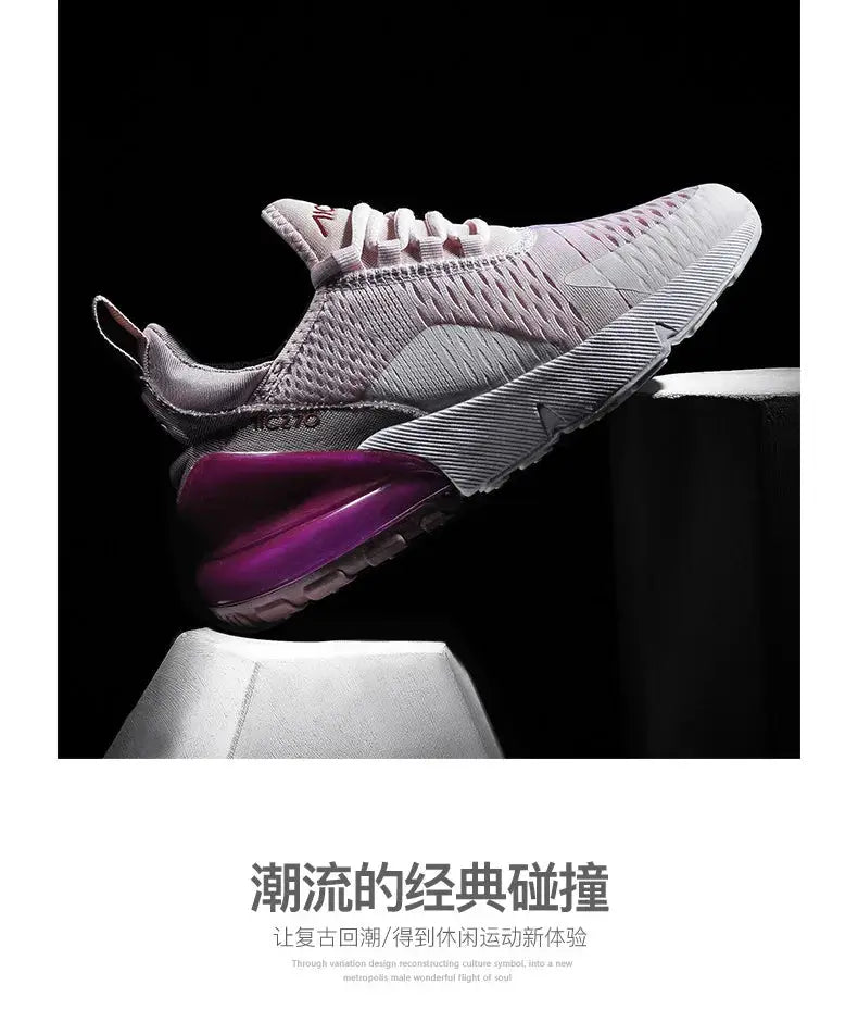 Men's athletic sneakers with pink-gray breathable mesh upper and purple cushioned sole, Simples Market.