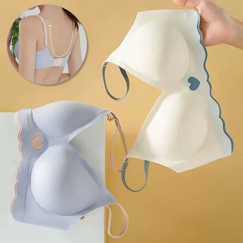 Women seamless bra bralette by Simples Market with adjustable straps, ice silk, pastel blue/white scalloped (2-pack)