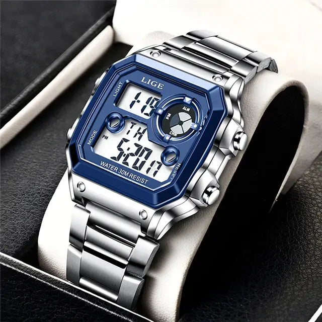 LIGE men's digital sport watch with blue bezel and stainless steel band, water resistant 30m.