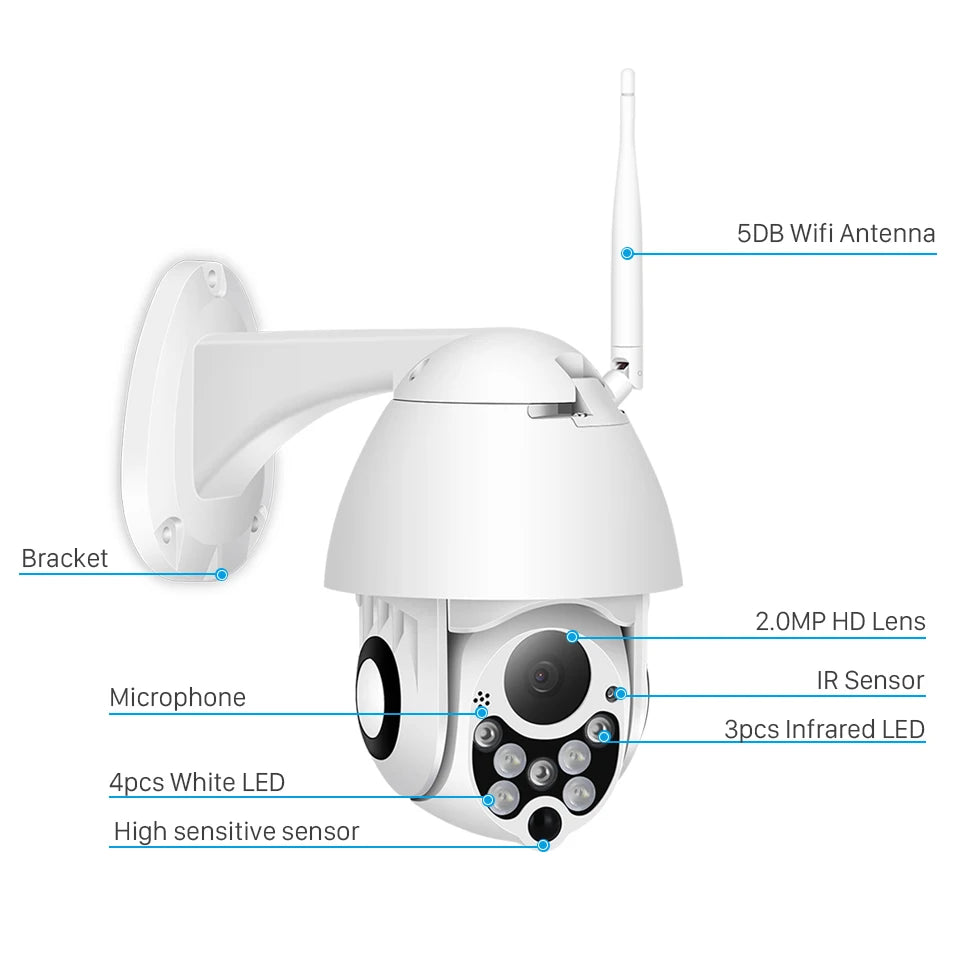 YCC365 Plus PTZ outdoor wifi camera with bracket, 2.0MP HD lens, infrared LEDs and 5dB wifi antenna