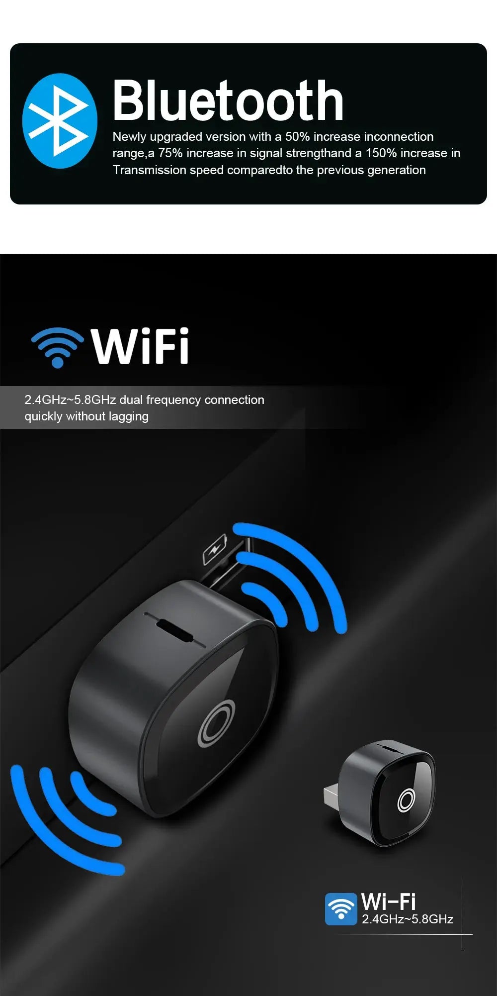 XUDA 2in1 wireless CarPlay/Android Auto adapter by Simples Market, black AI smart box with Bluetooth and Wi‑Fi.