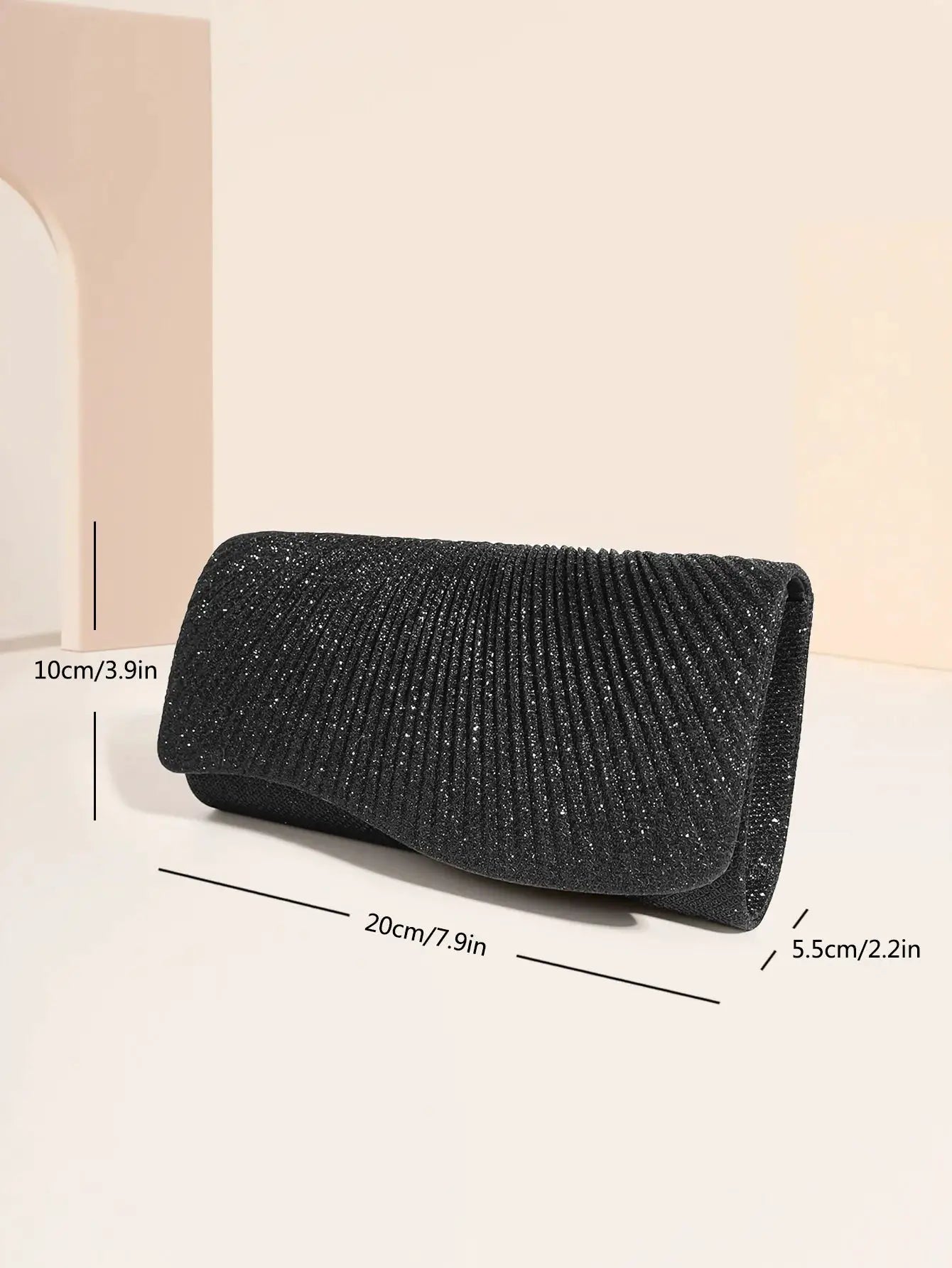 Black glitter envelope clutch bag with ribbed texture, 20cm long, 10cm tall, 5.5cm deep