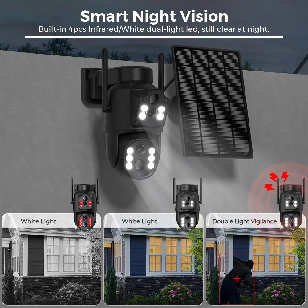 Simples Market 8MP 4K HD solar WiFi outdoor security camera with built-in battery and dual lenses