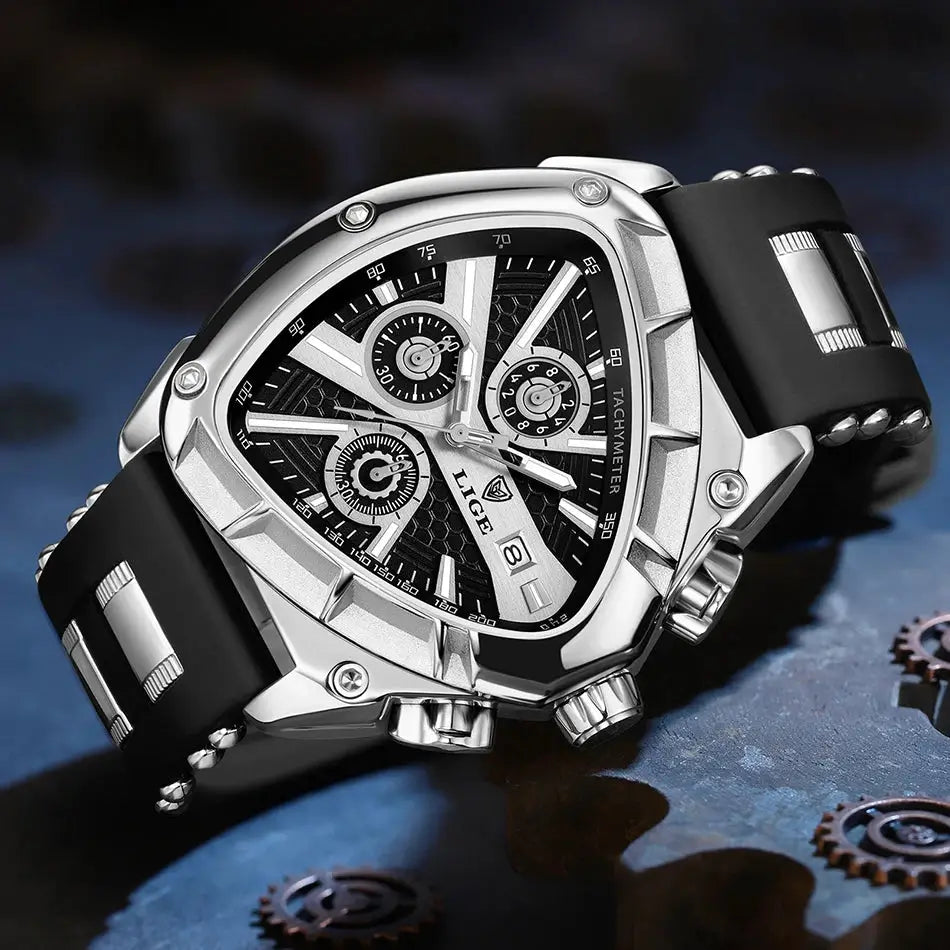 LIGE men's luxury sport watch, silver stainless-steel case, black dial and strap, box included