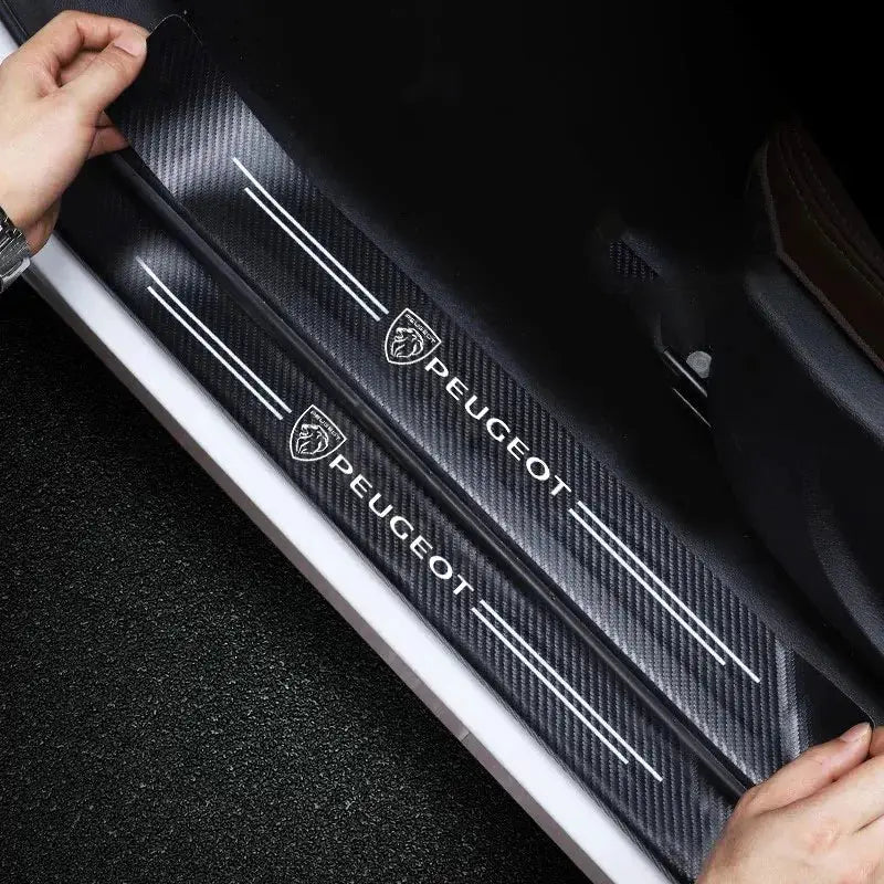 Pair of car door sill protectors for Peugeot, carbon fiber pattern with Peugeot crest logos, Simples Market