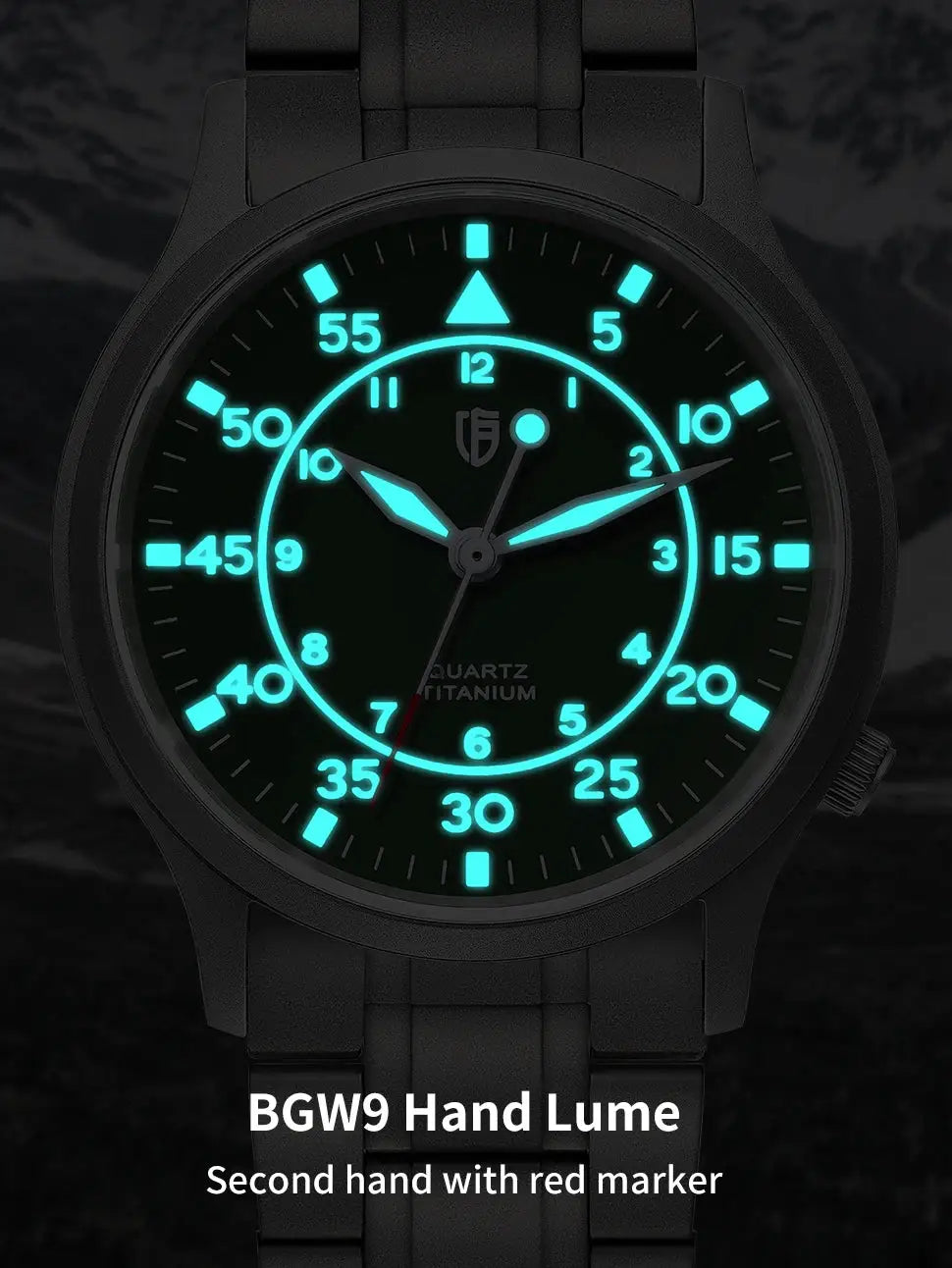 BERNY titanium men's wristwatch with luminous blue-green hands and markers, black case and bracelet, quartz movement