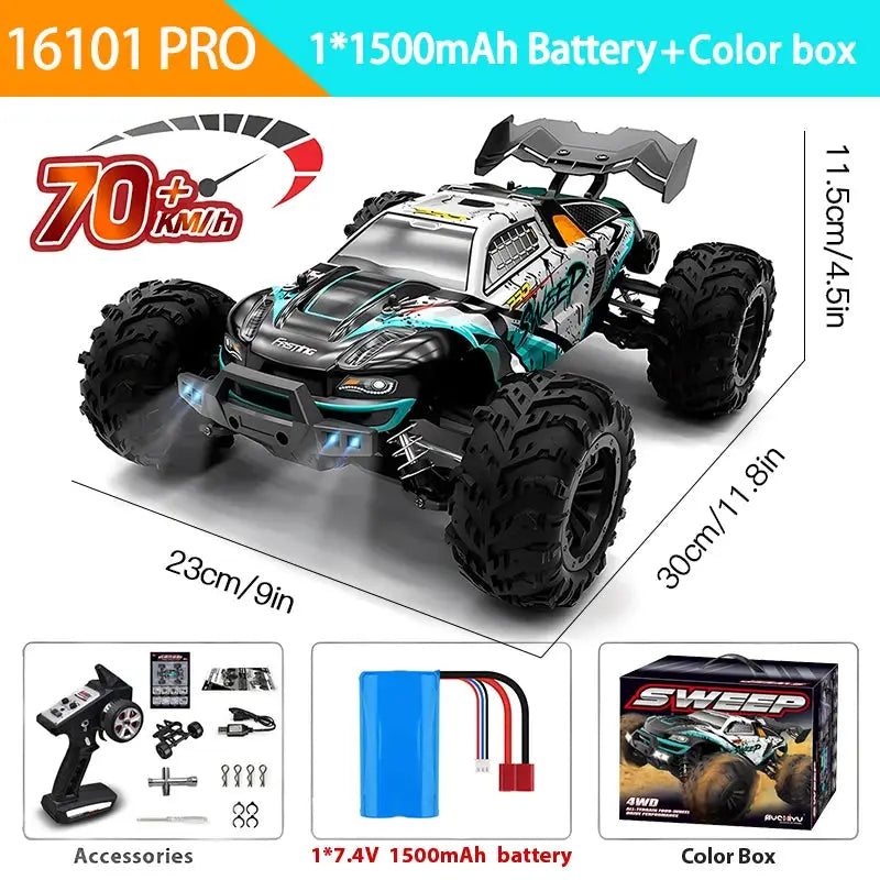 One Sixteenth Scale 4WD RC Monster Truck With LED Lights High Speed Drift 70KMH Or 50KMH Remote Control