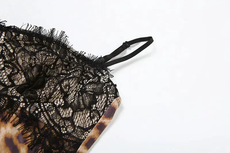Julissa Mo Leopard Lace Mini Dress Spaghetti Strap High Waist Women