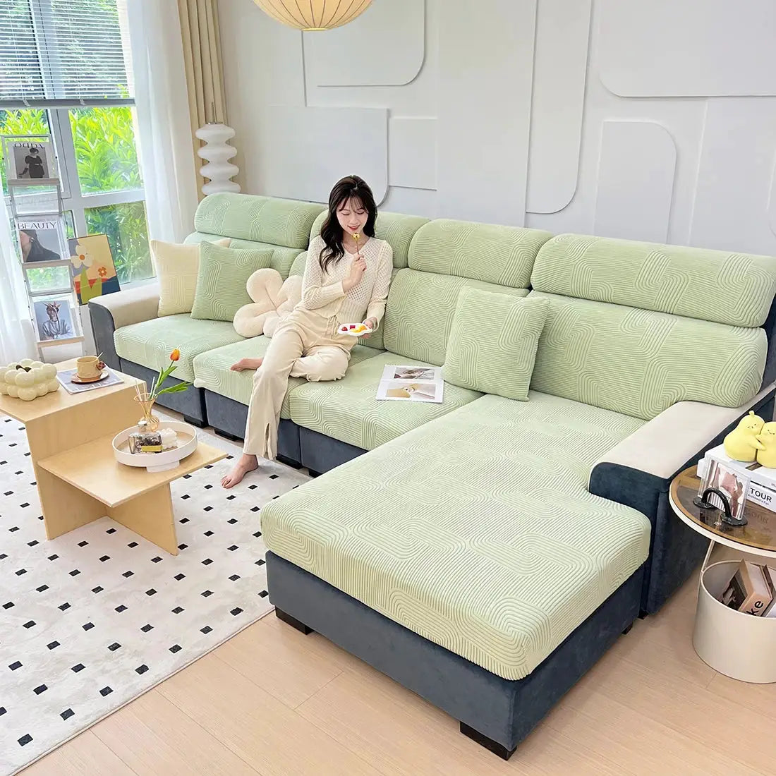 Sofa seat cushion covers by Simples Market in light green jacquard; thick stretch, removable and washable for pets.